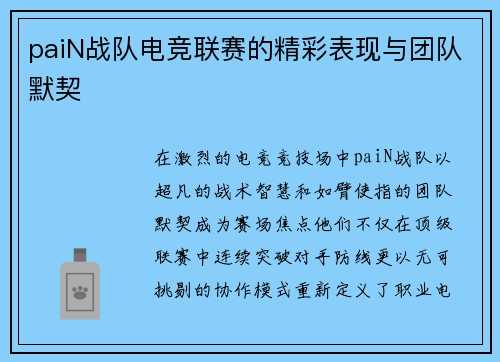 paiN战队电竞联赛的精彩表现与团队默契