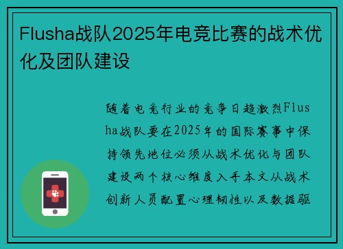 Flusha战队2025年电竞比赛的战术优化及团队建设